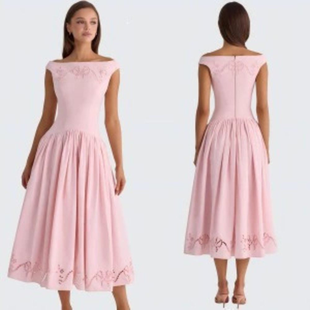 Zara Soft Pink Off Shoulder Midi Dress Lace Cutout Waist Flared Skirt